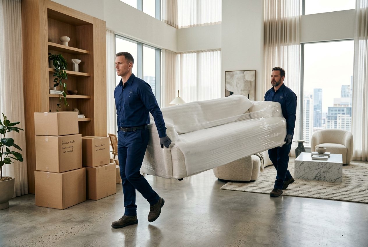 Équipe de déménageurs professionnels transportant un canapé protégé dans un intérieur moderne